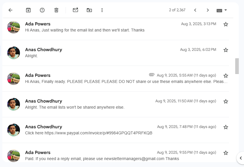 Ada Powers initial conversation showing setup and payment process