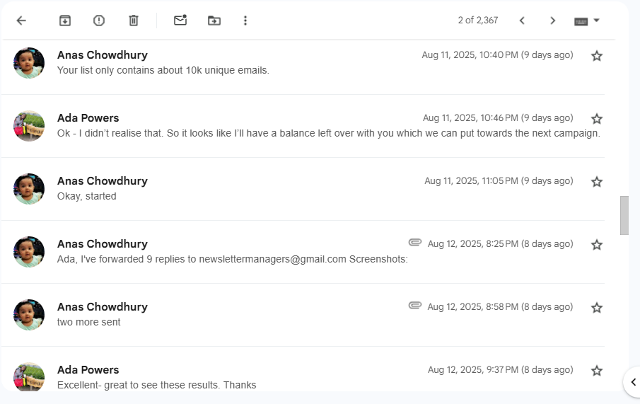 Ada Powers results showing successful email campaign with multiple replies generated