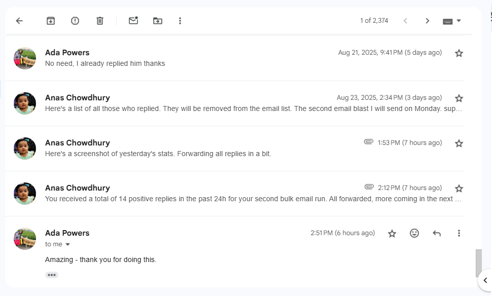 Chat conversation showing positive client feedback and campaign results